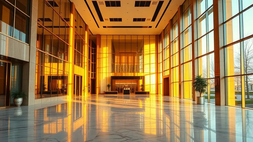 A high-end modern bank building interior with golden sunligh