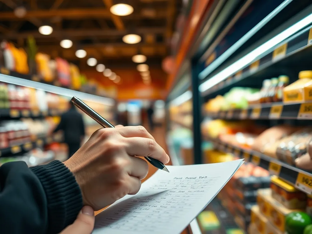 A close up of a hand checking prices in a supermarket with a