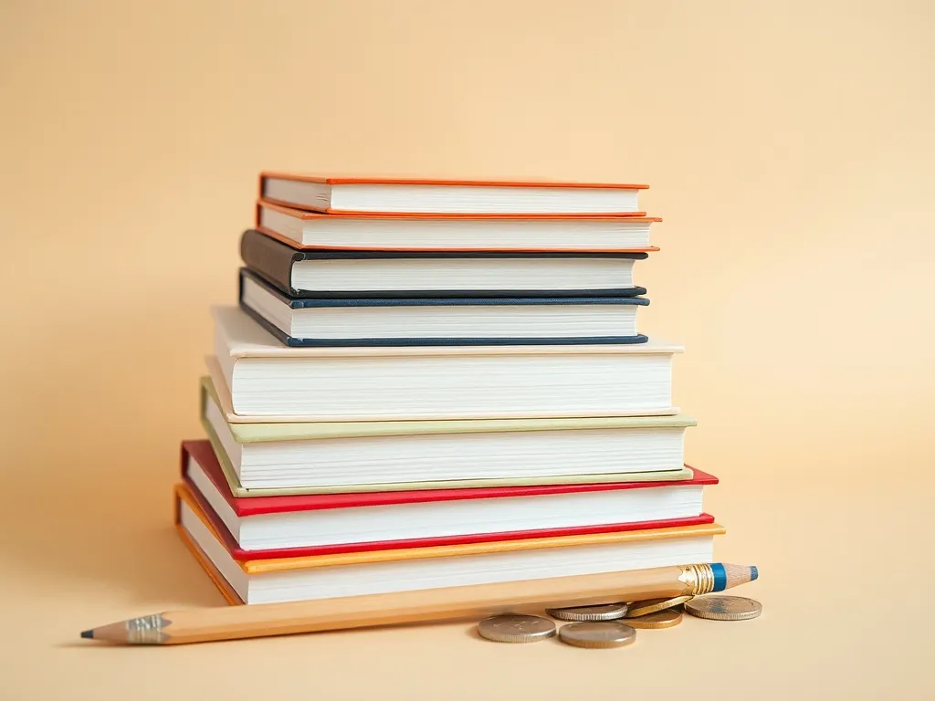 Stack of school books, a wooden pencil, and some coins on a