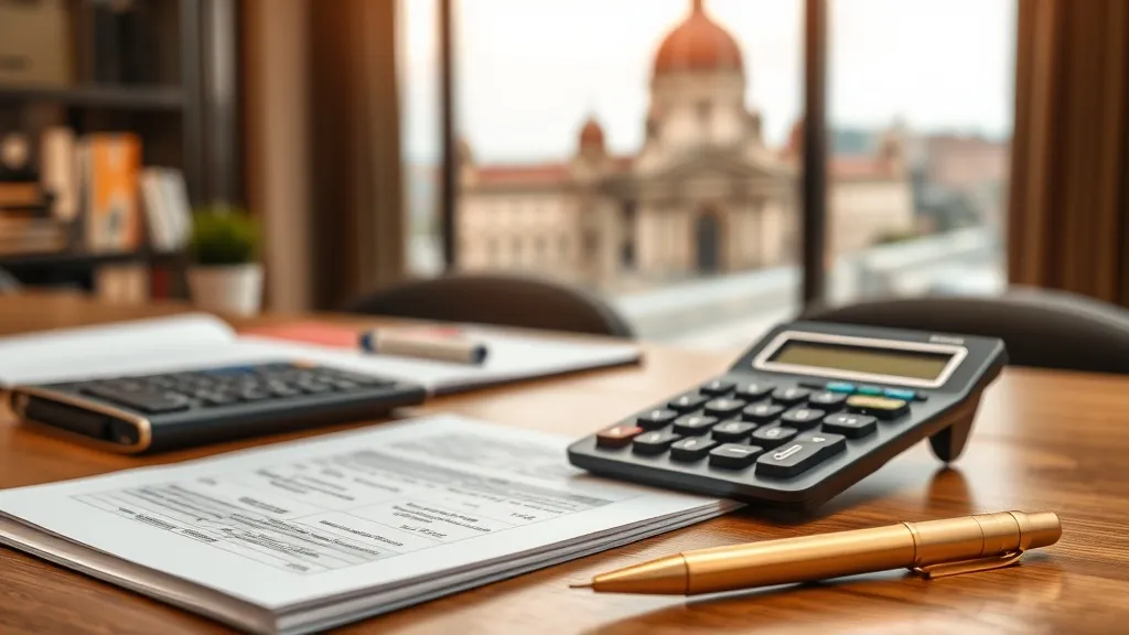 A professional office desk with a calculator, a notebook, an