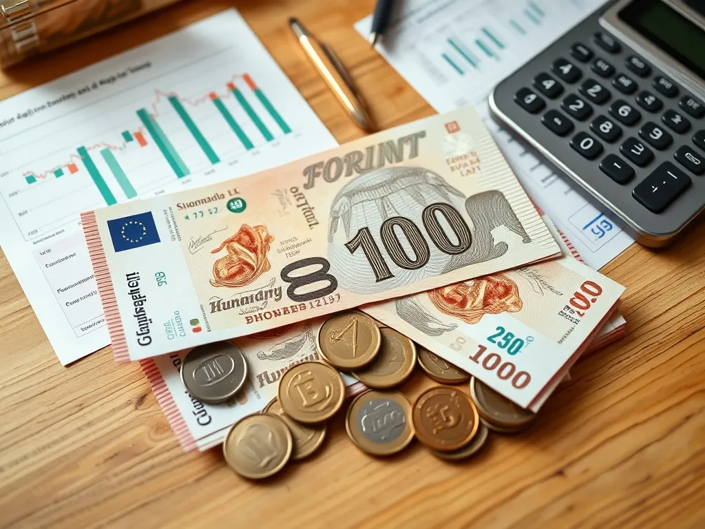 A professional close-up of Hungarian Forint banknotes and co