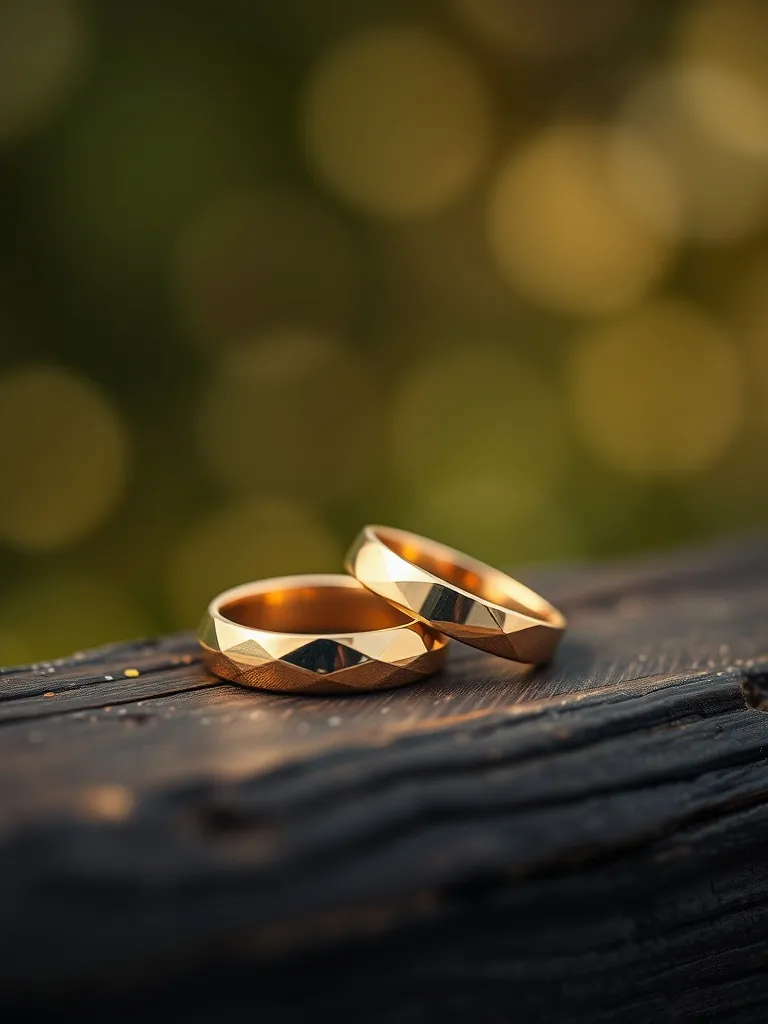 A close up of two gold wedding rings resting on a dark woode