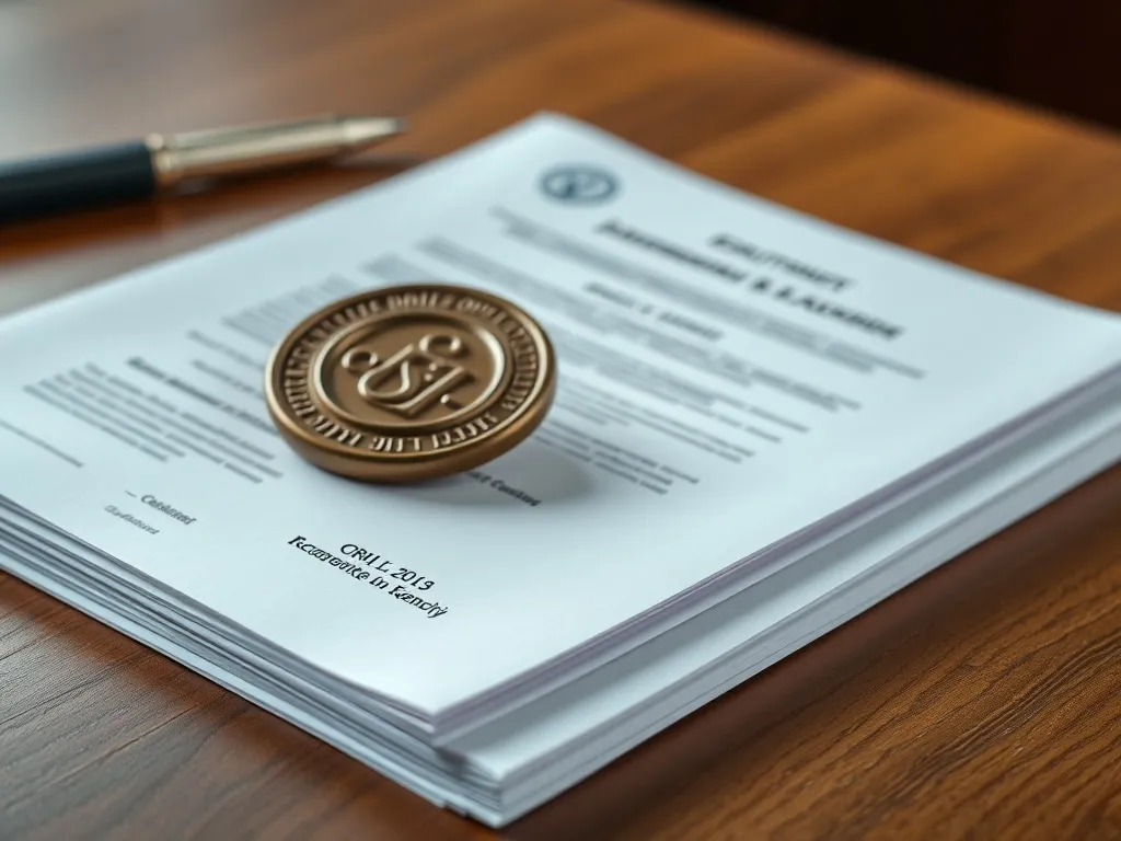 A stack of official documents with a seal on a wooden table,