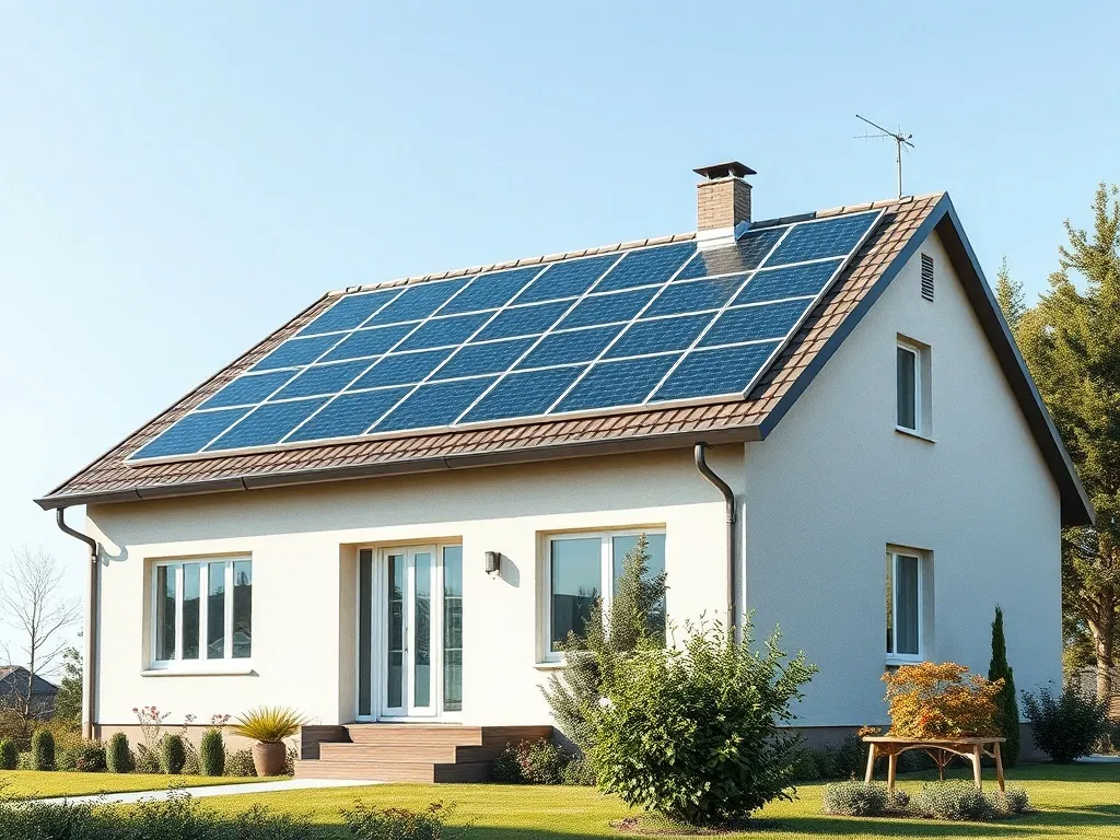 A modern family home with green solar panels on the roof, br