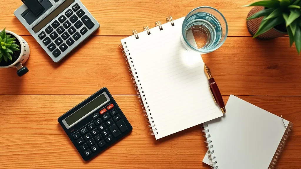 A professional overhead shot of a wooden desk with a calcula