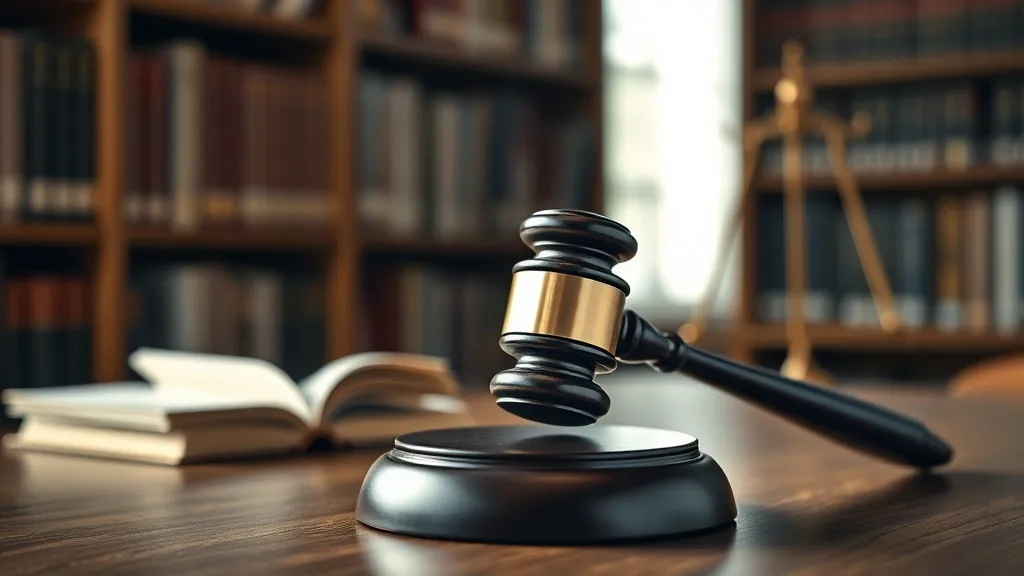 A legal gavel on a desk with books in the background, soft l